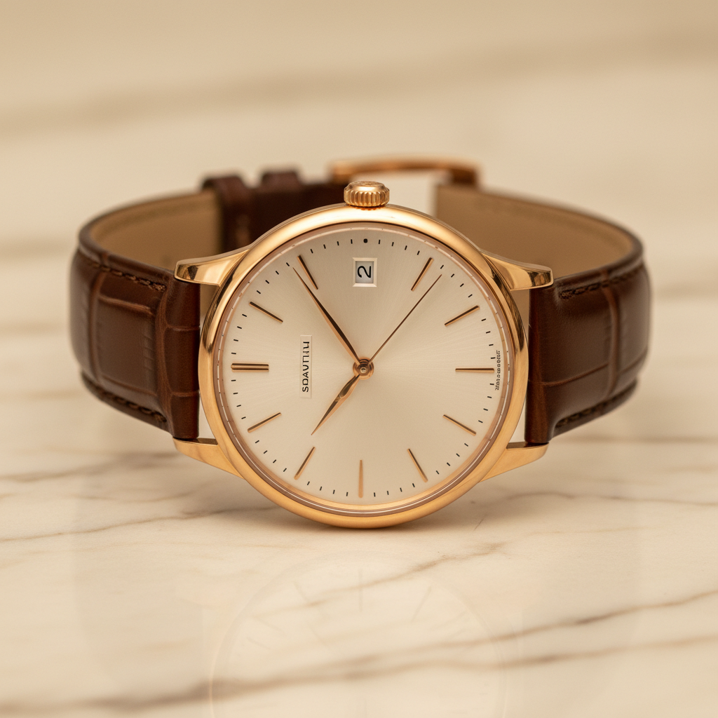 Antique yellow gold dress watch on dark stone, warm museum lighting, deep shadows
