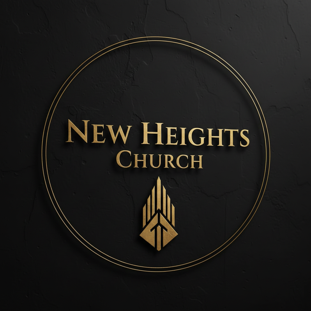 New Heights Church complete brand overhaul — cinematic dark photography of modern church branding materials, gold logo marks on matte black surfaces, professional identity design