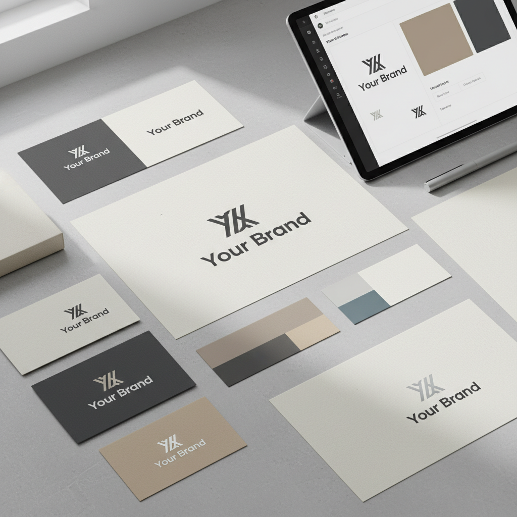 Designer working on colorful brand identity mockups with logo variations and color palettes on desk