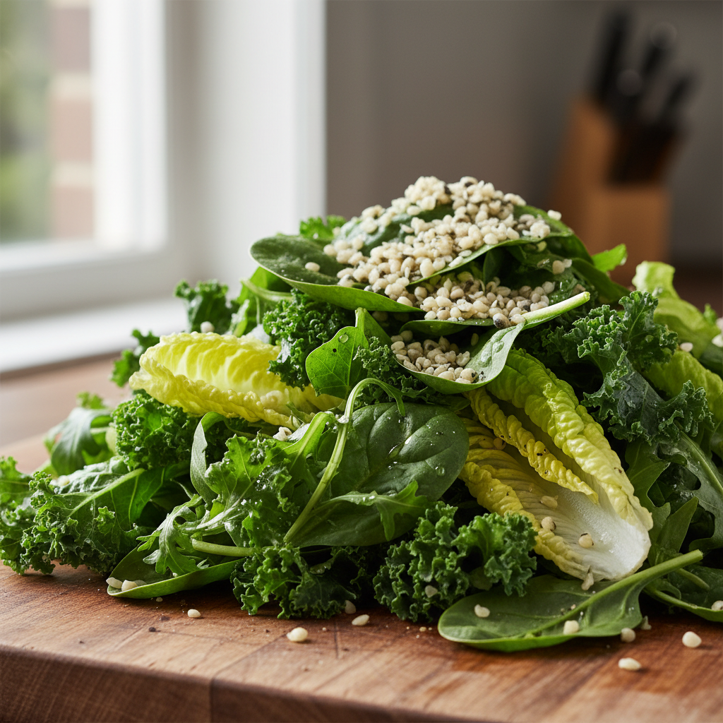Fresh green salad with hemp hearts scattered on top in natural window light, wooden cutting board visible
