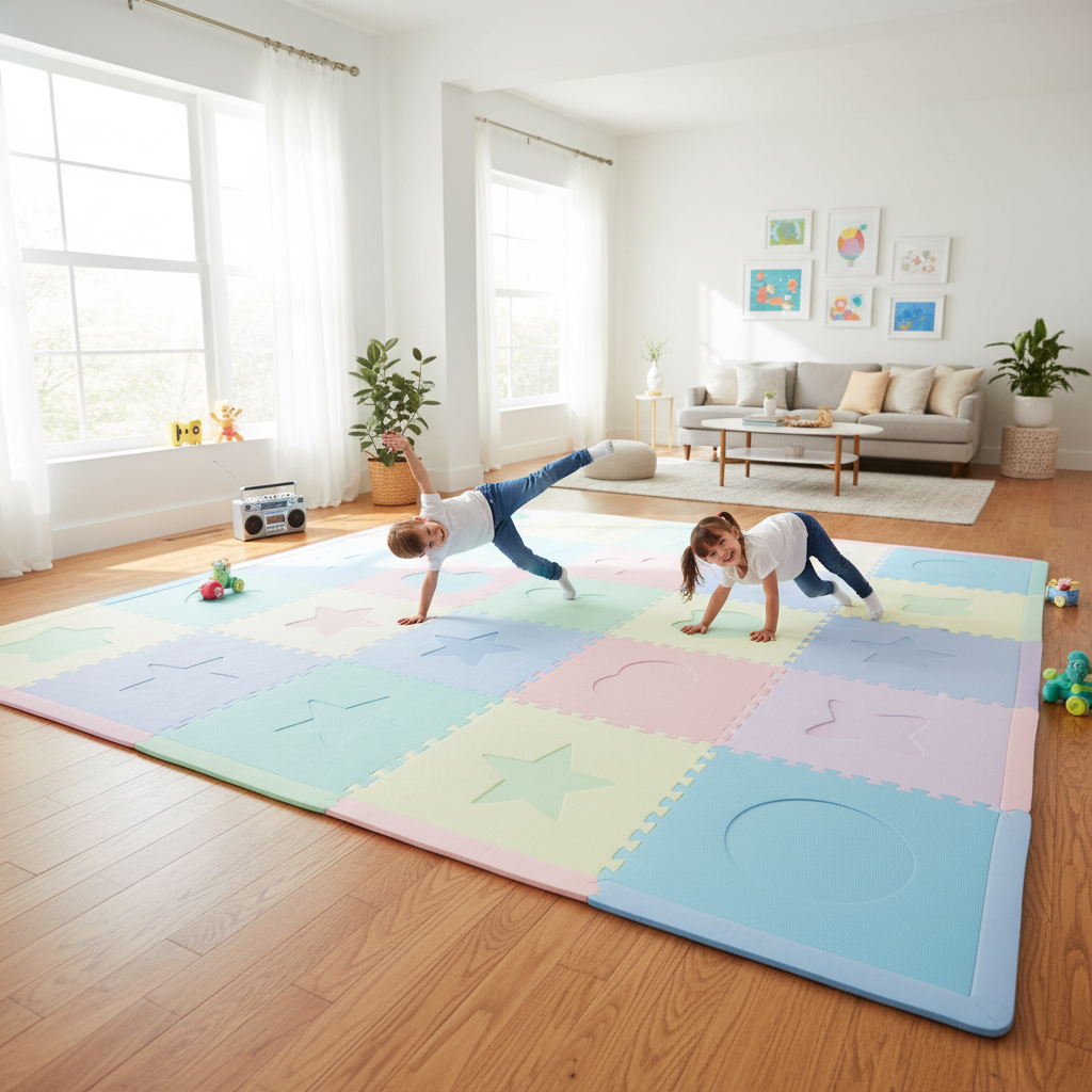 Large soft foam practice mat for kids breakdancing at home in light colors