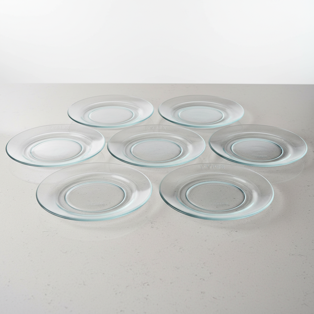 Six green depression glass plates arranged in a circle on white background