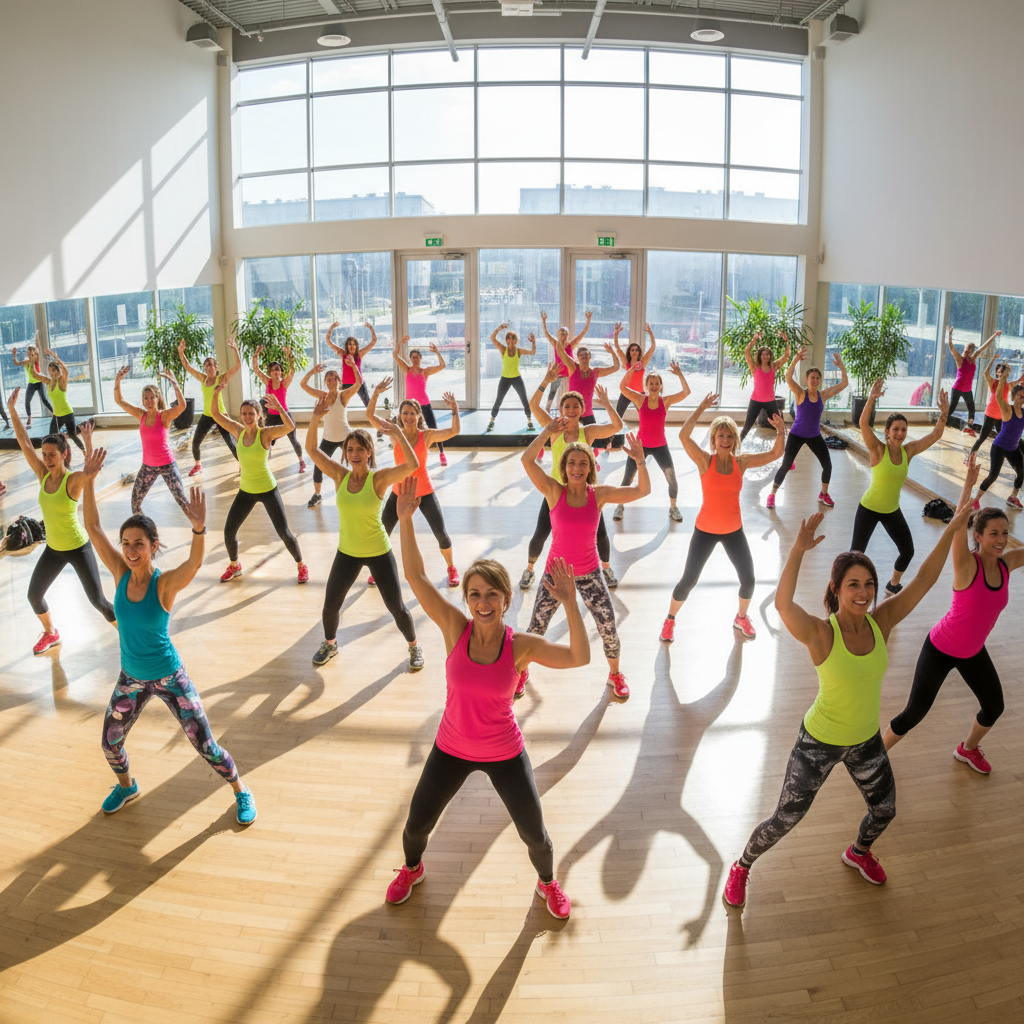 Group of people dancing energetically in a Zumba fitness class