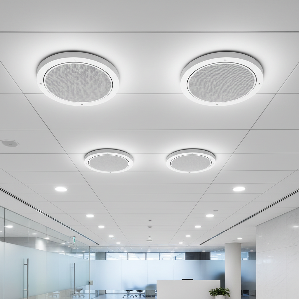 Professional PA system ceiling speakers installed in a large commercial venue