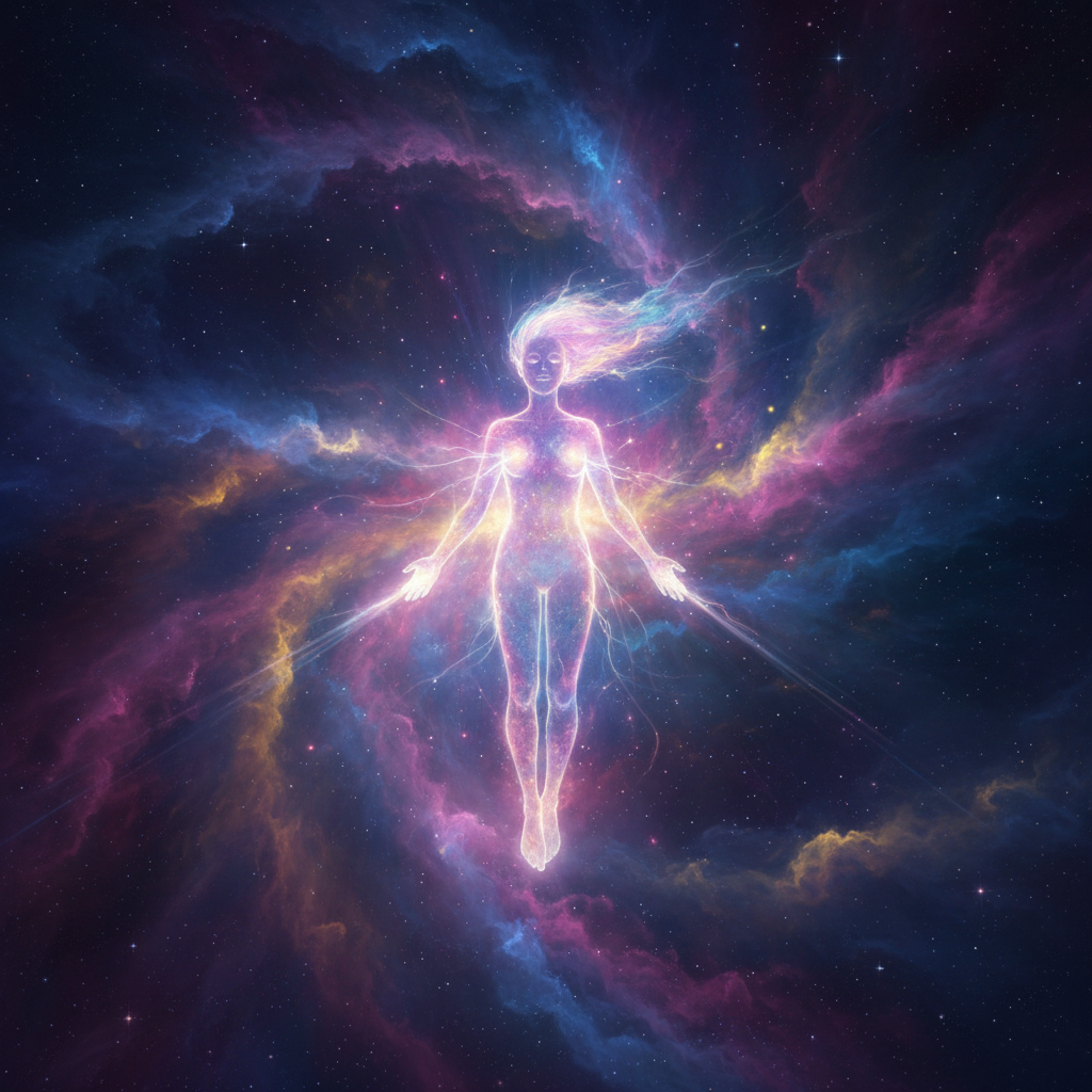 Cosmic nebula with glowing spirit character