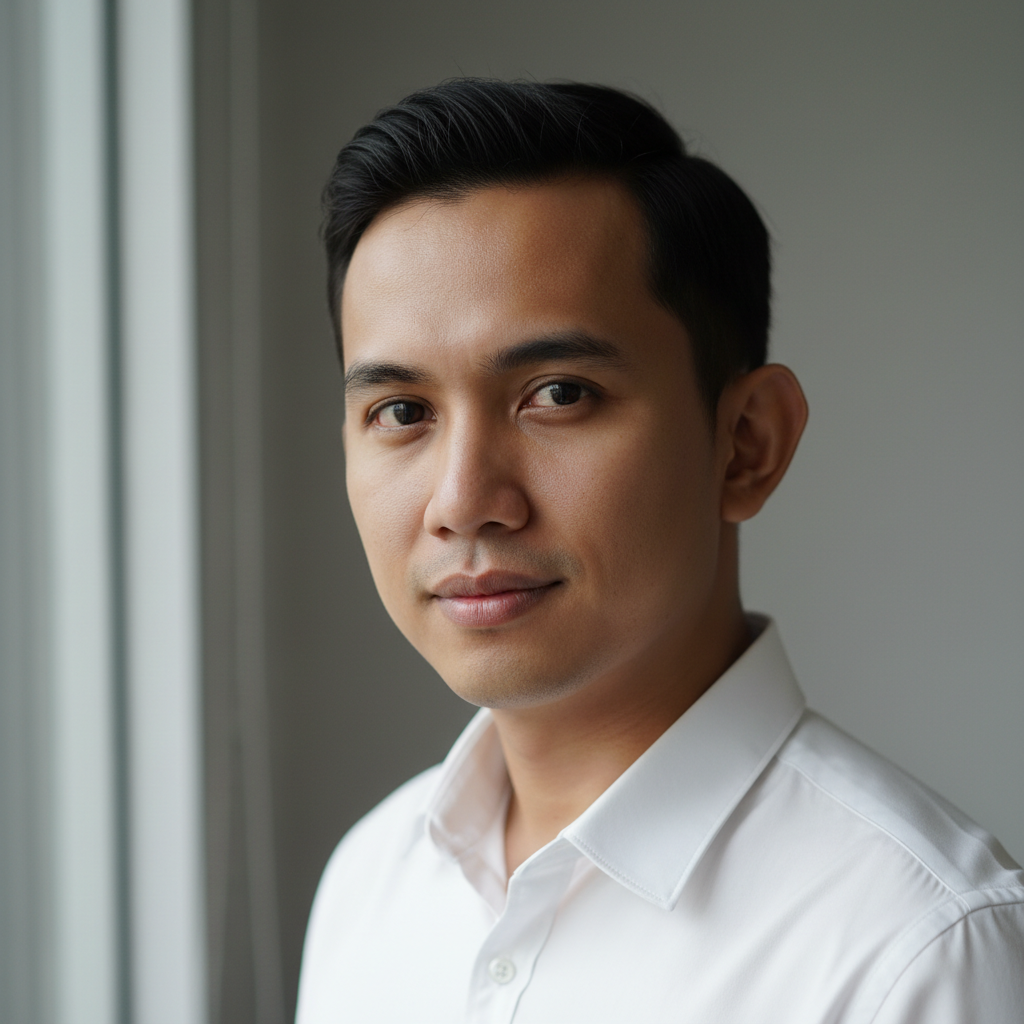 Professional headshot of Indonesian male finance executive, formal suit, neutral studio background