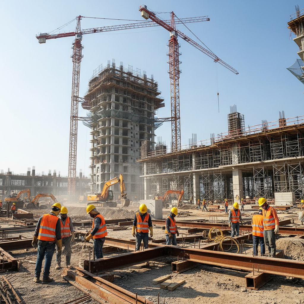 Workers in safety gear at an industrial construction site in Qatar