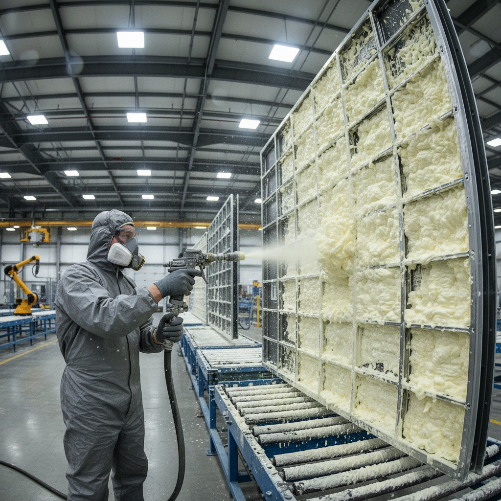 Factory worker applying closed-cell spray foam insulation to modular wall panel