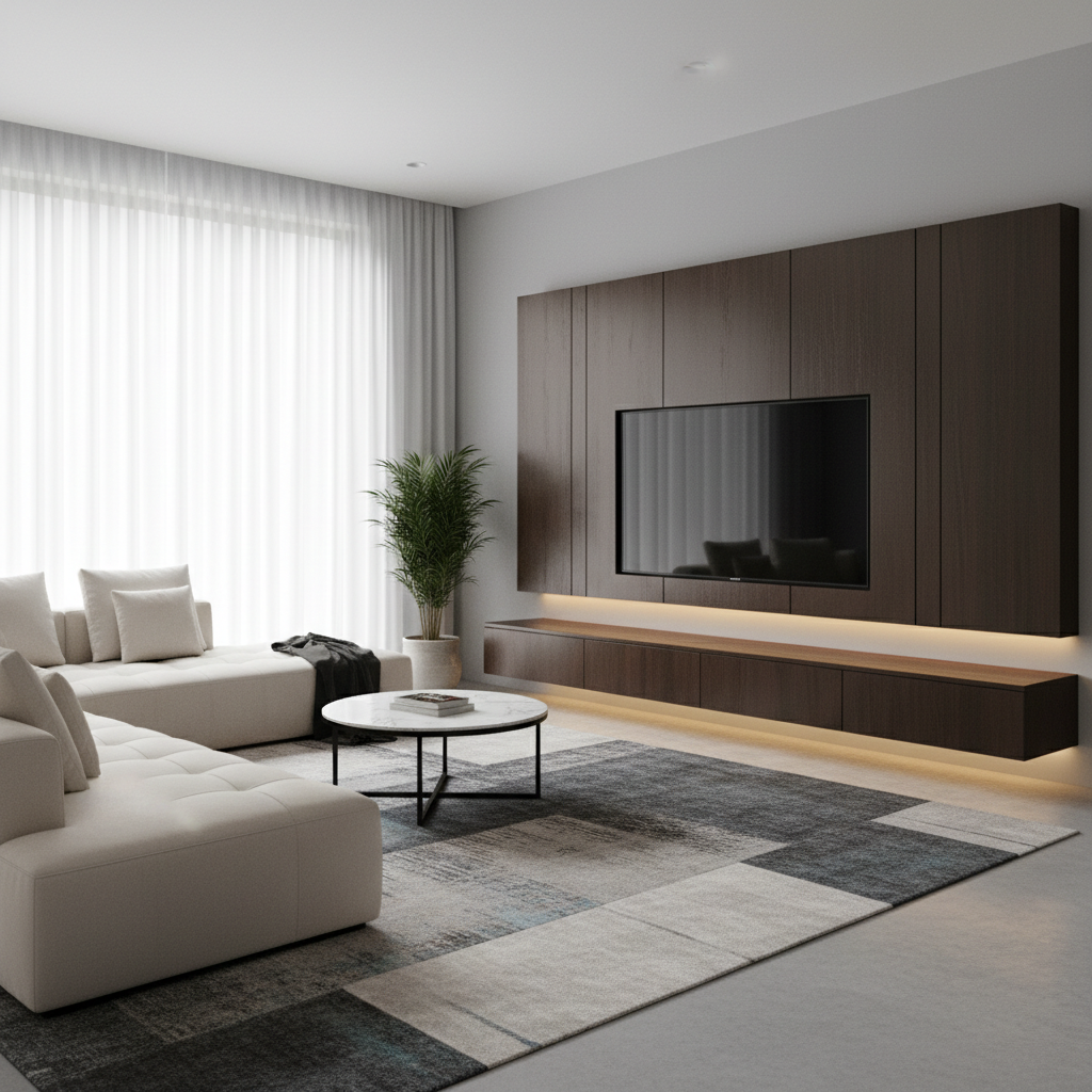 Modern living room with wall-mounted TV unit, floating shelves, and integrated cable management installed by FitInstall