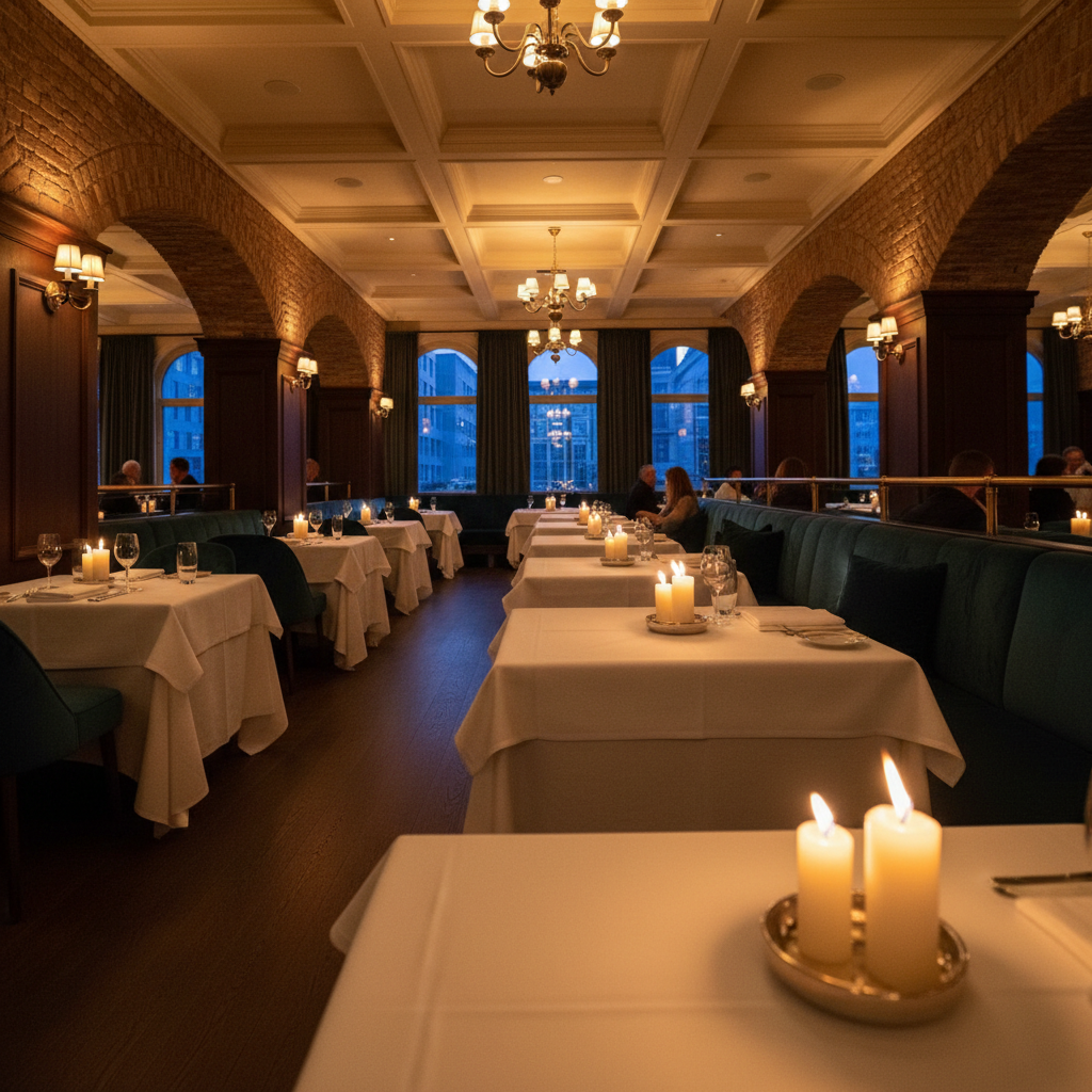 Elegant restaurant interior with warm candlelight, dark wooden tables, ambient low lighting, moody upscale dining atmosphere
