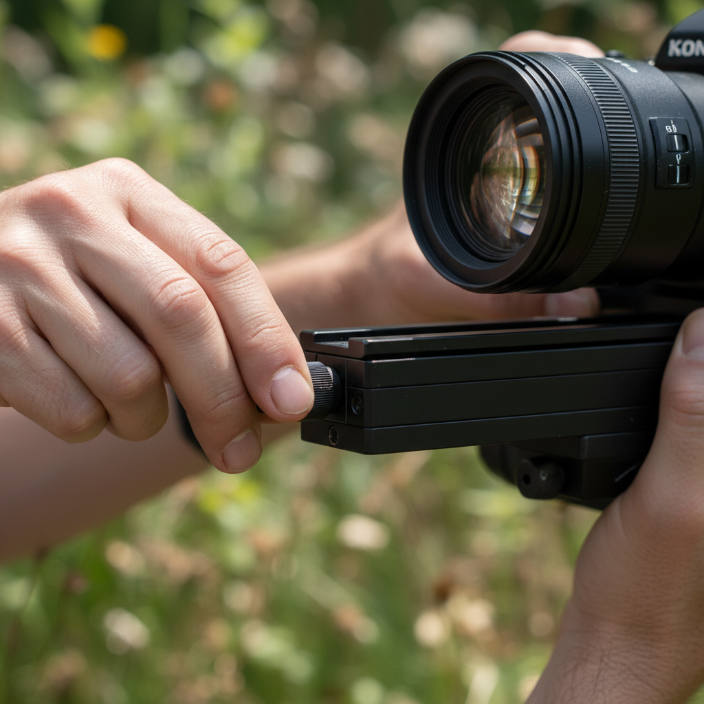 Photographer's hands carefully adjusting a focus rail on a macro lens setup outdoors