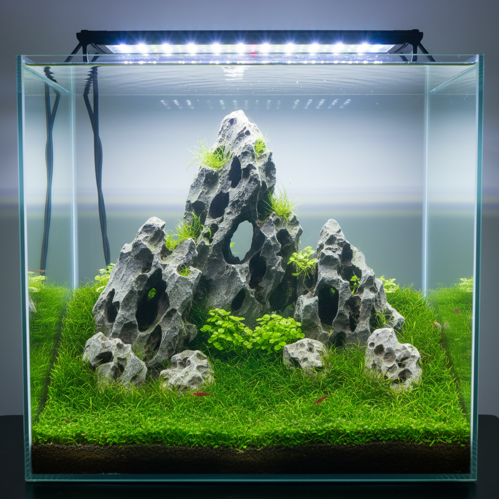 Aquascape Iwagumi layout with precise rock arrangement and carpeting plants