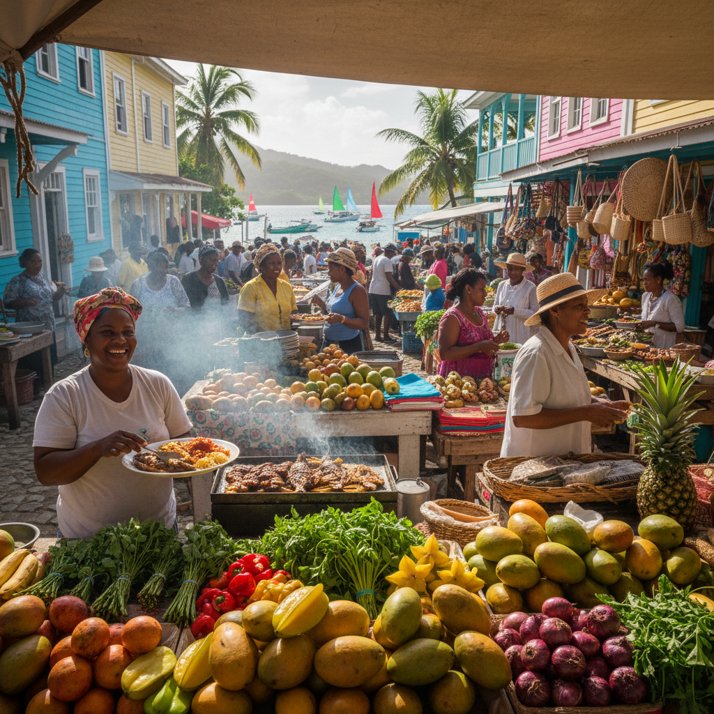 Colorful Caribbean market with fresh tropical fruits, vegetables, spices and local vendors