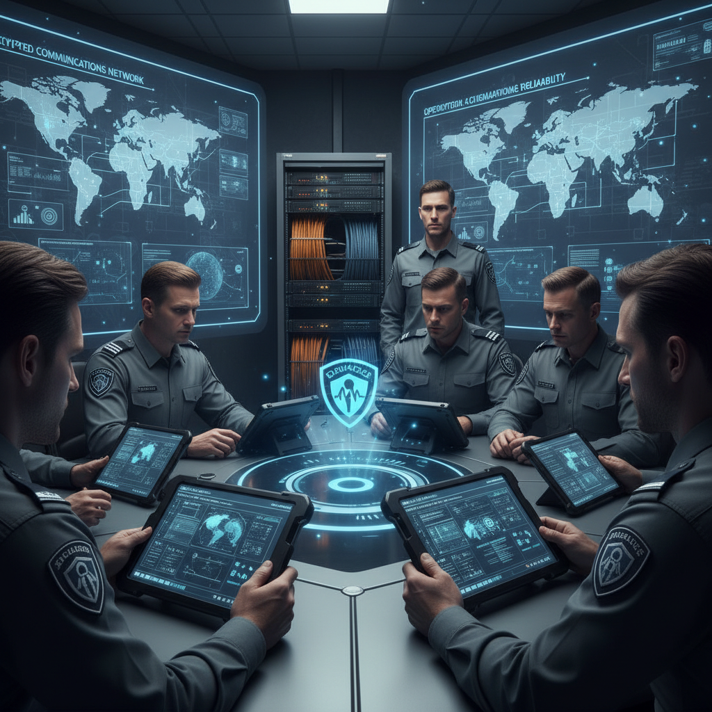 Security monitoring screens and equipment in dark control room with blue-toned displays