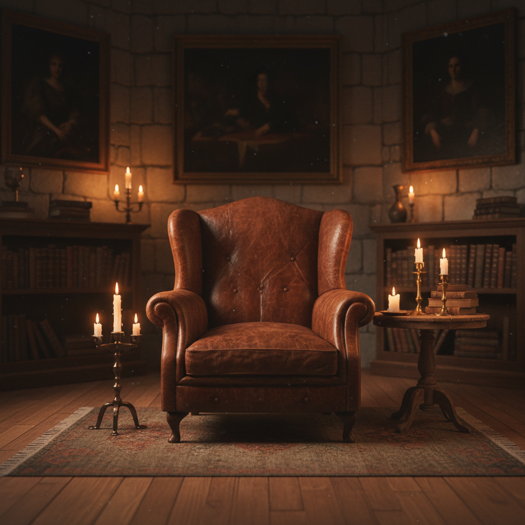 Empty leather chair in candlelit room, waiting for the next member to join the circle