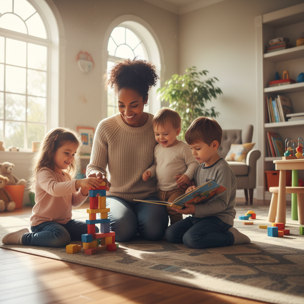 Caring nanny playing with young child in bright airy living room, warm afternoon light, cheerful and safe environment