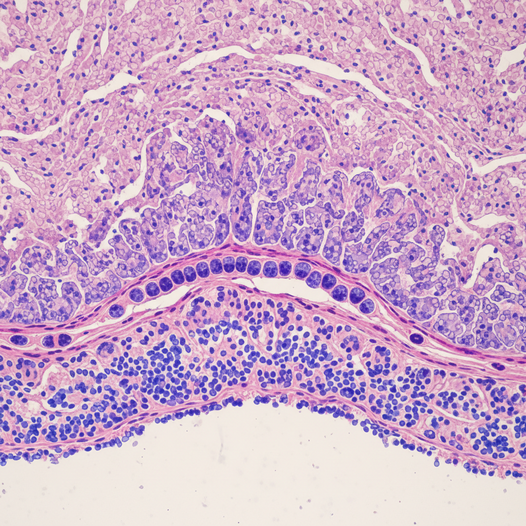 Pathologist examining histology slide under high-powered microscope, vivid violet and pink tissue staining visible