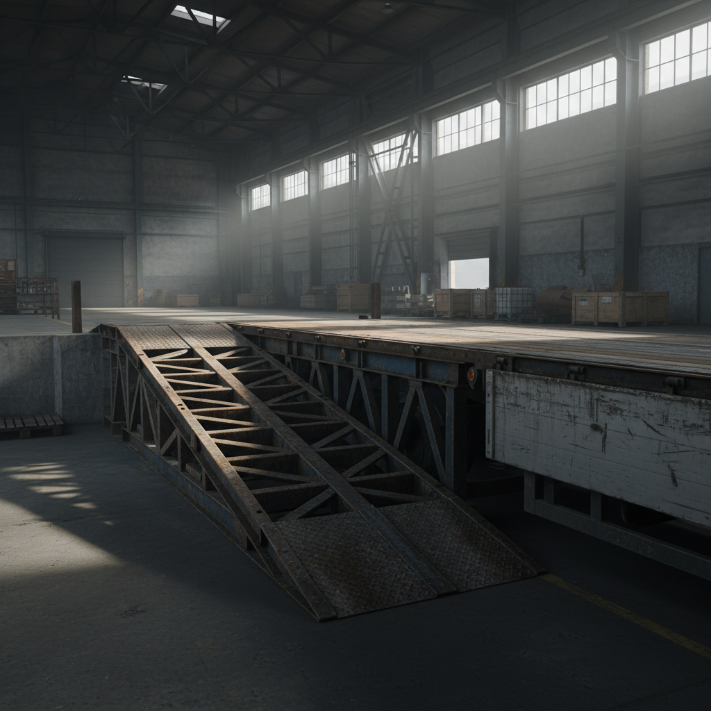 Large freight terminal with loading docks and industrial cranes at night, dark atmospheric lighting, steel structures and concrete, moody industrial scene