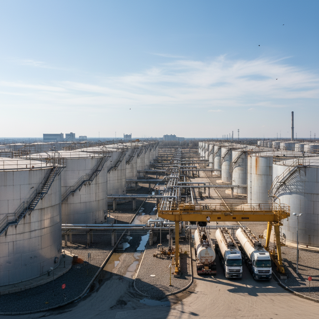 Industrial petroleum depot with large storage tanks and pipeline systems in open daylight industrial setting