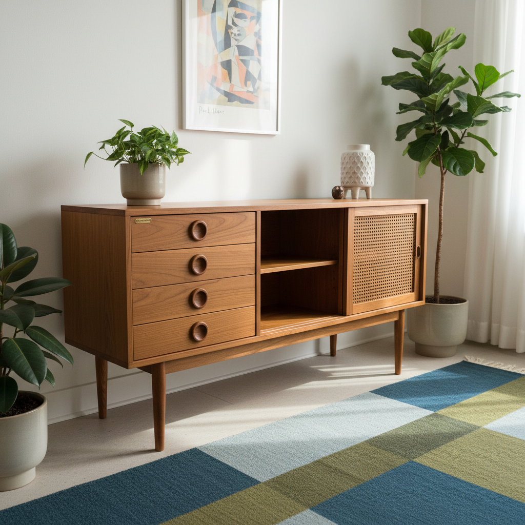 Black walnut credenza with sliding doors, tapered legs, mid-century modern style, warm interior