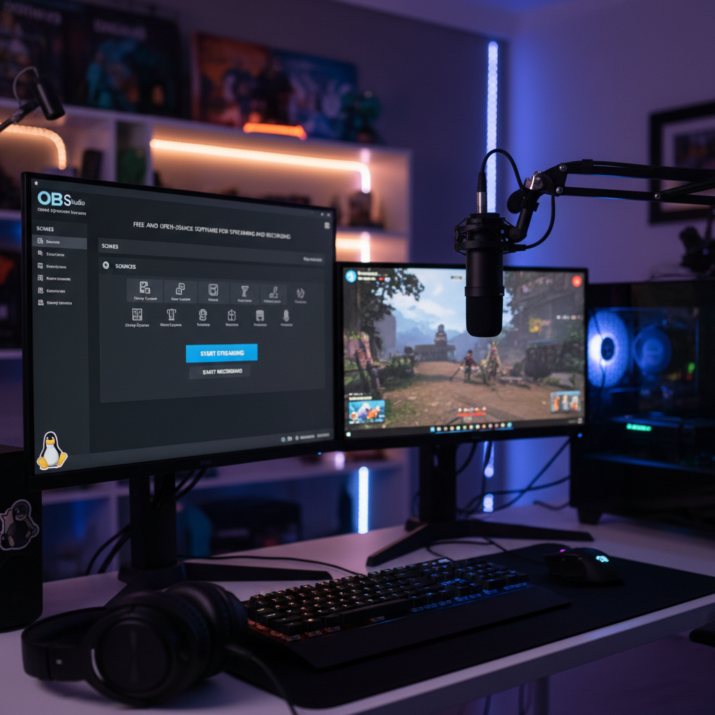 Competitive gaming setup with multiple monitors in dark room, blue ambient lighting, professional esport atmosphere