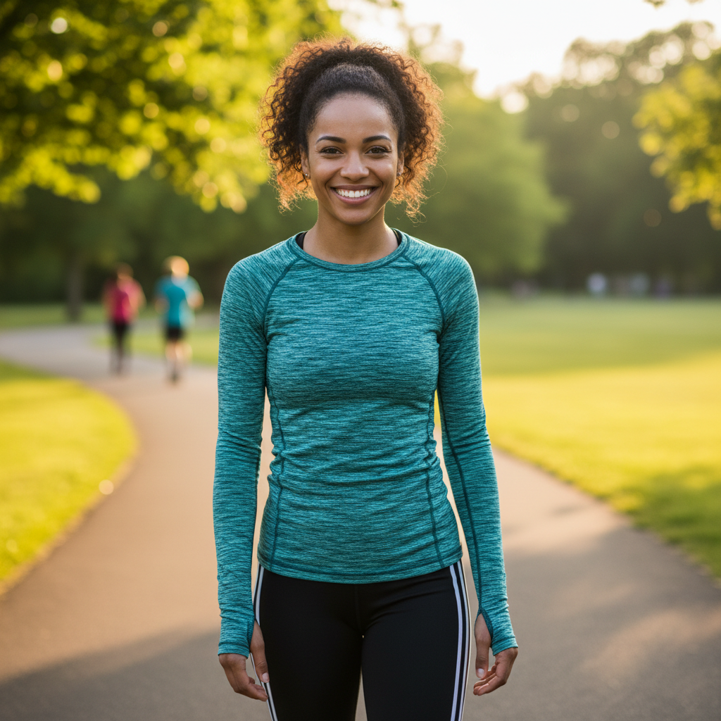 Young woman in athletic wear smiling outdoors in park