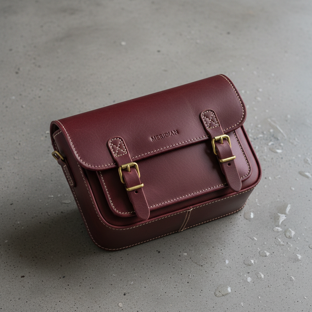 The Meridian camera bag in burgundy leather, top-down view showing closed bag on grey surface