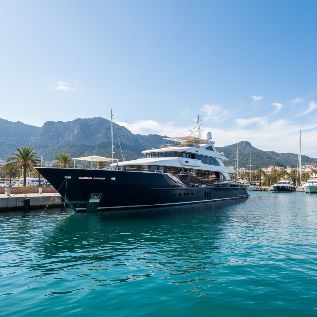 Sleek dark-hulled motor yacht Poseidon docked at Cannes marina