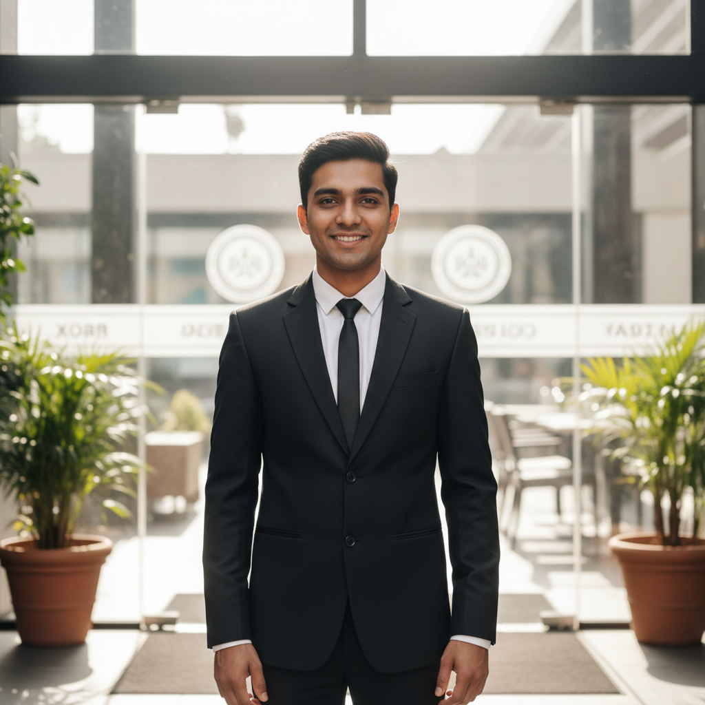 Young Indian professional man smiling warmly, modern urban background, confident and generous