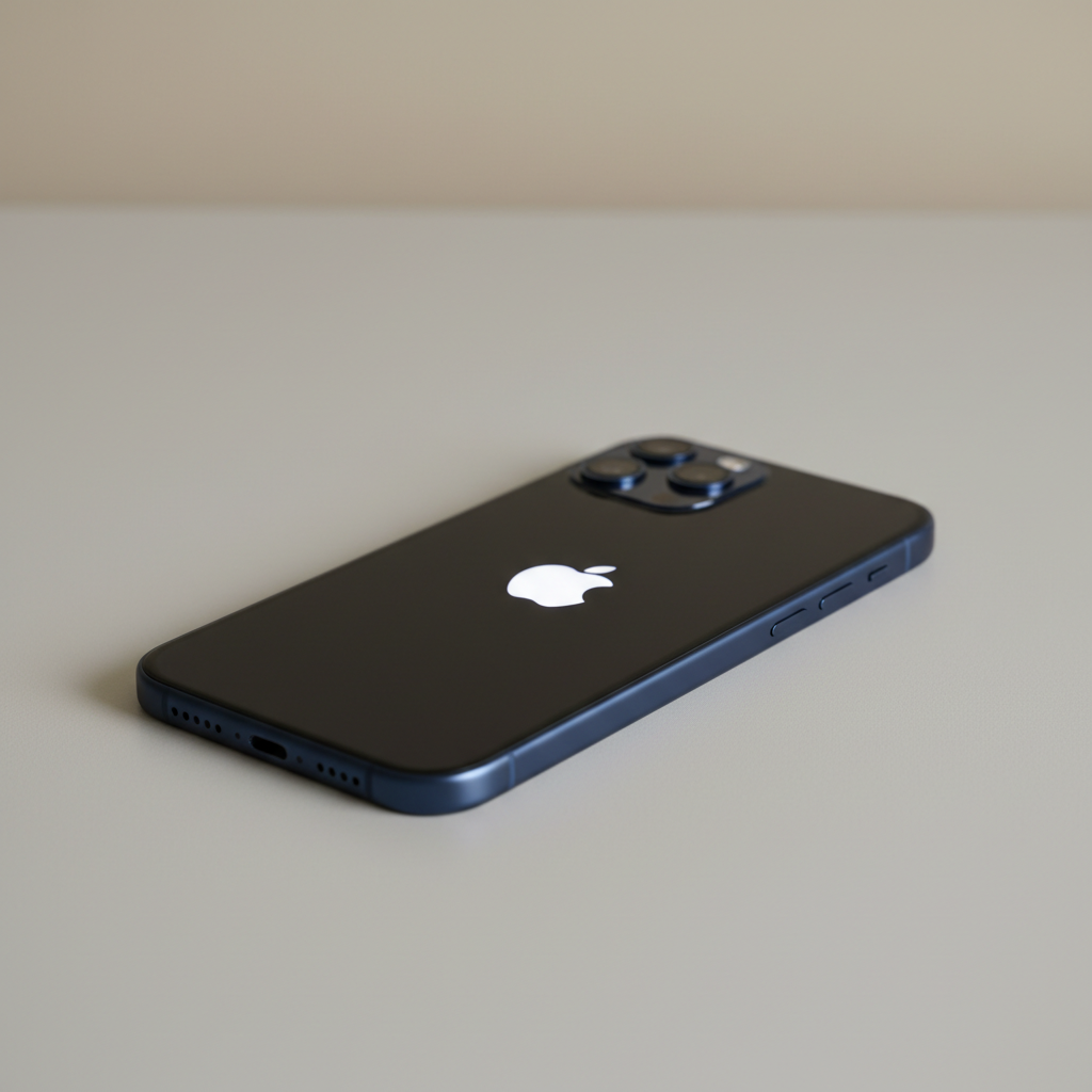 Midnight blue iPhone 13 lying face-up on a light grey surface
