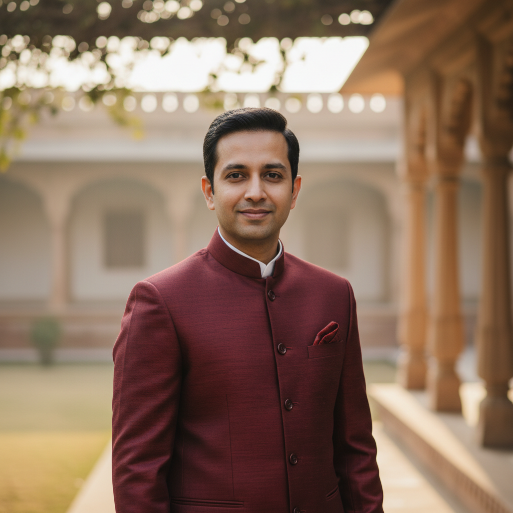 Man in charcoal handwoven Khadi Nehru jacket, dark moody background, traditional formal Indian wear