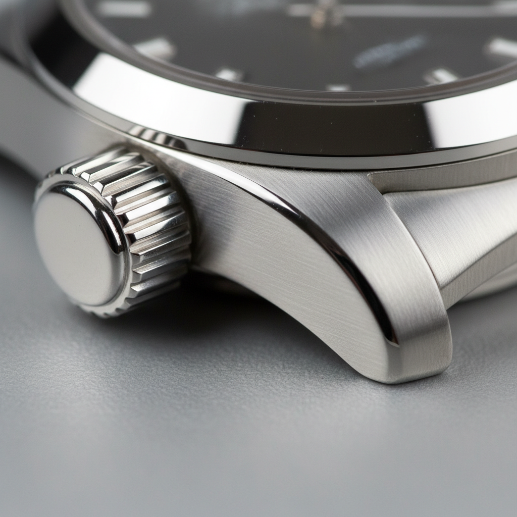 Watch case finishing process, polished platinum surfaces, beveled lugs, studio lighting on dark background