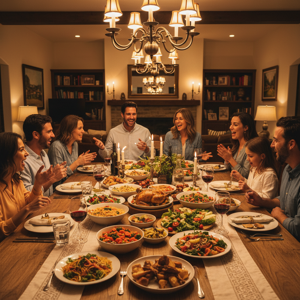 People sharing a meal at a neighborhood potluck