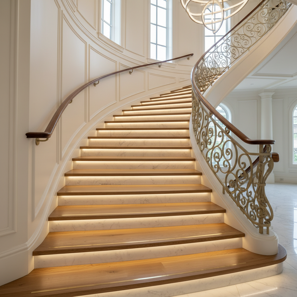 Casa Bianca stair renovation by Biba Construction with integrated LED brass strip lighting