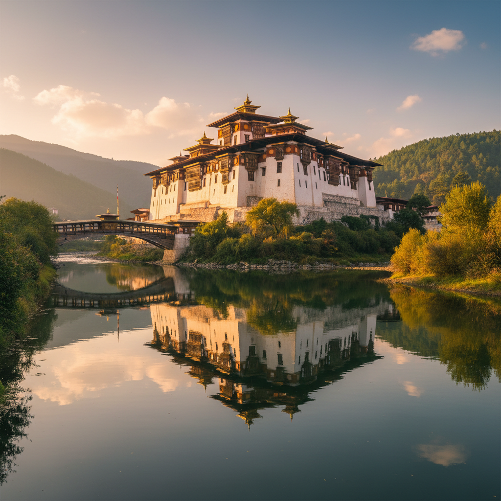 Punakha Dzong fortress monastery reflected in the river confluence at golden hour