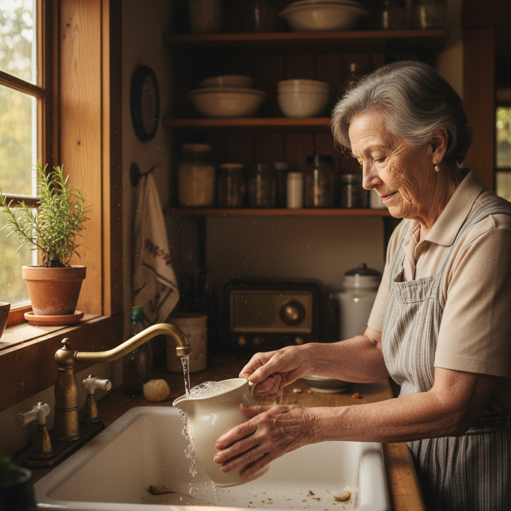 Grandmother Dorothy Hale filling a pitcher at her kitchen sink in Appalachia