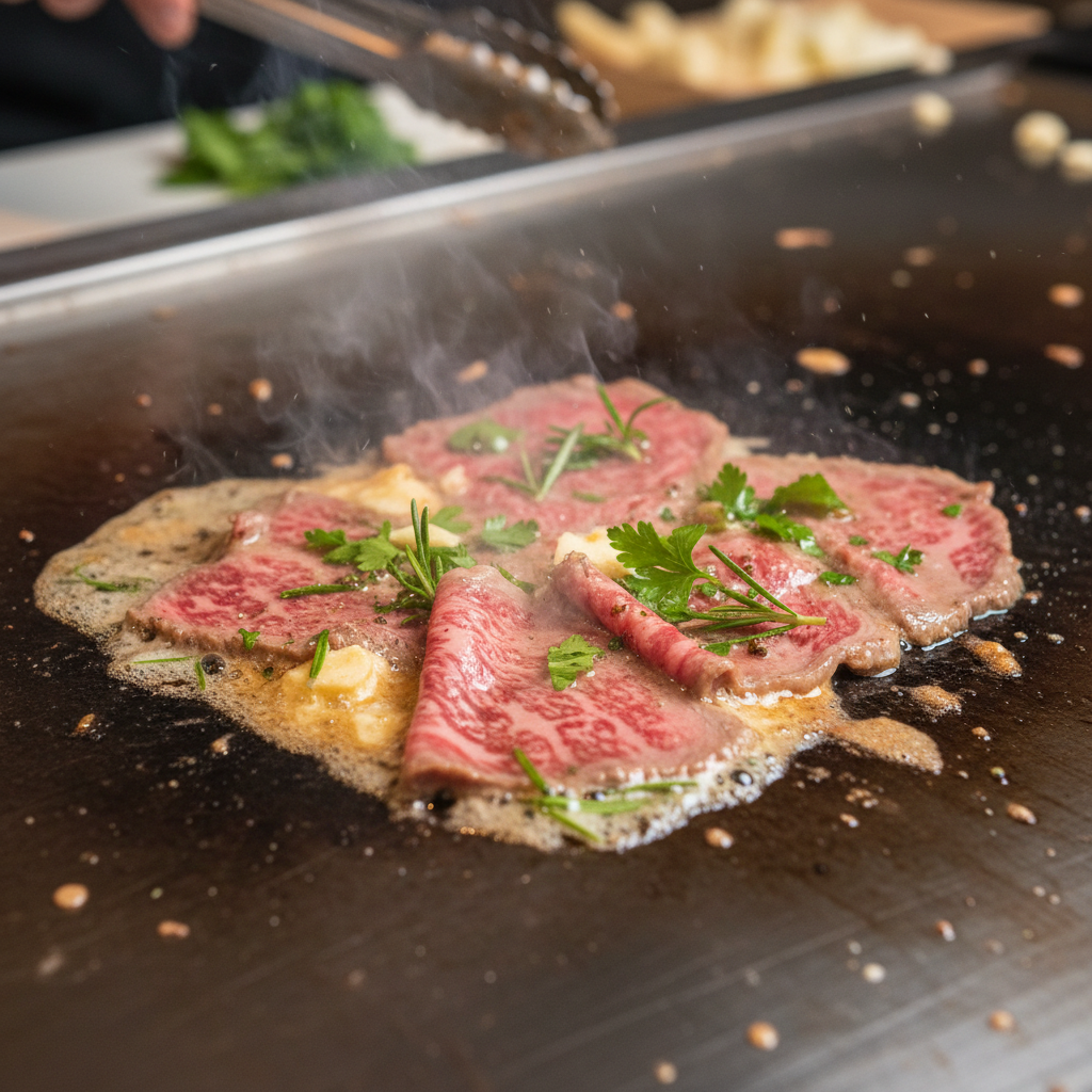 Tiger prawns sizzling on teppanyaki griddle with visible flame and garlic butter