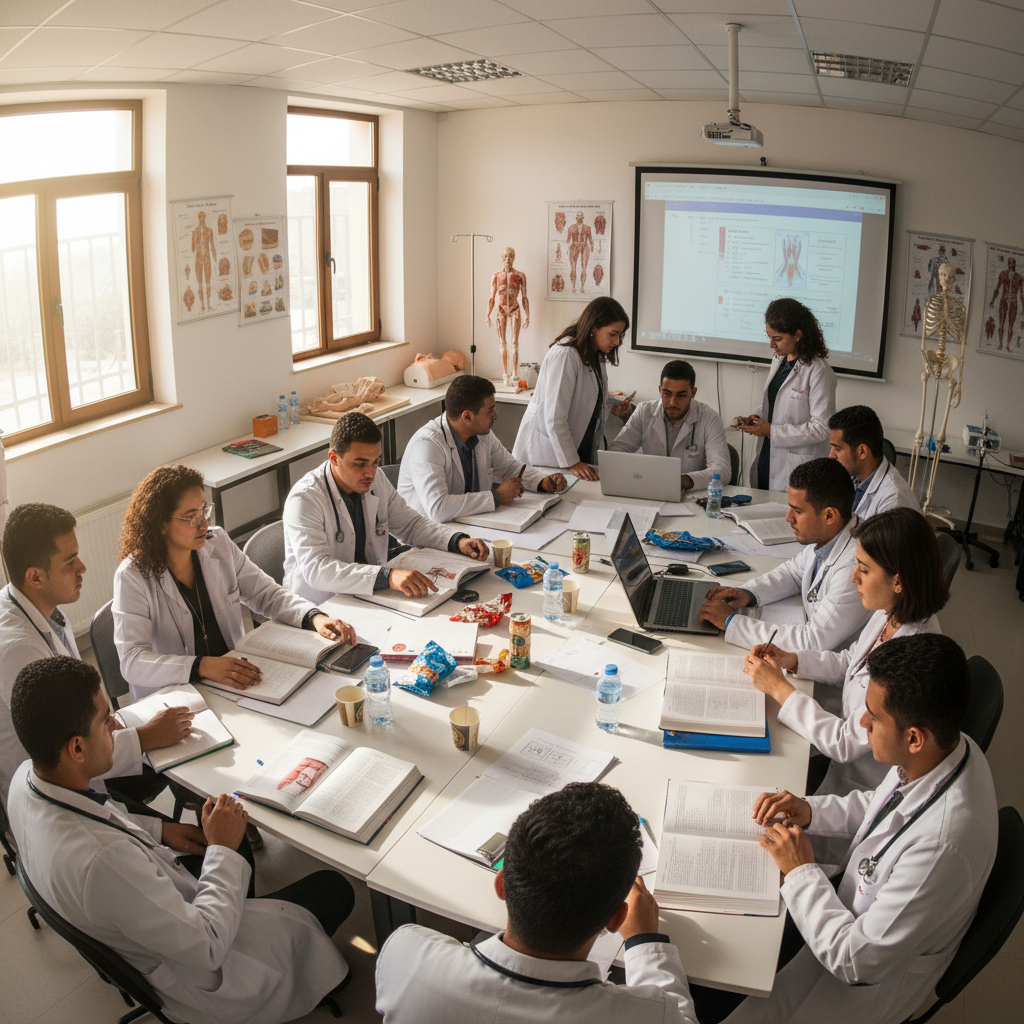 Étudiants marocains en médecine en blouse blanche lors d'une session de simulation clinique dans un laboratoire hospitalier
