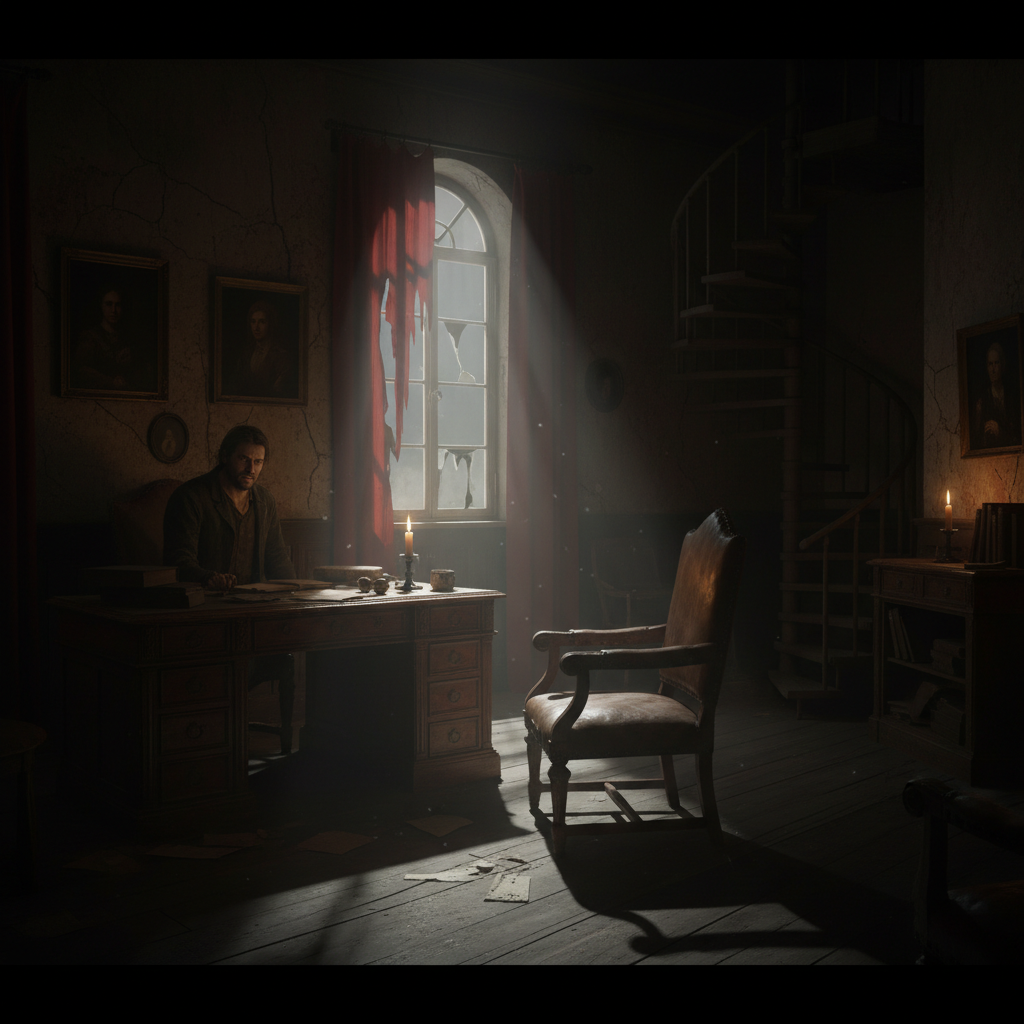 Moody interior with dramatic chiaroscuro lighting evoking psychological tension