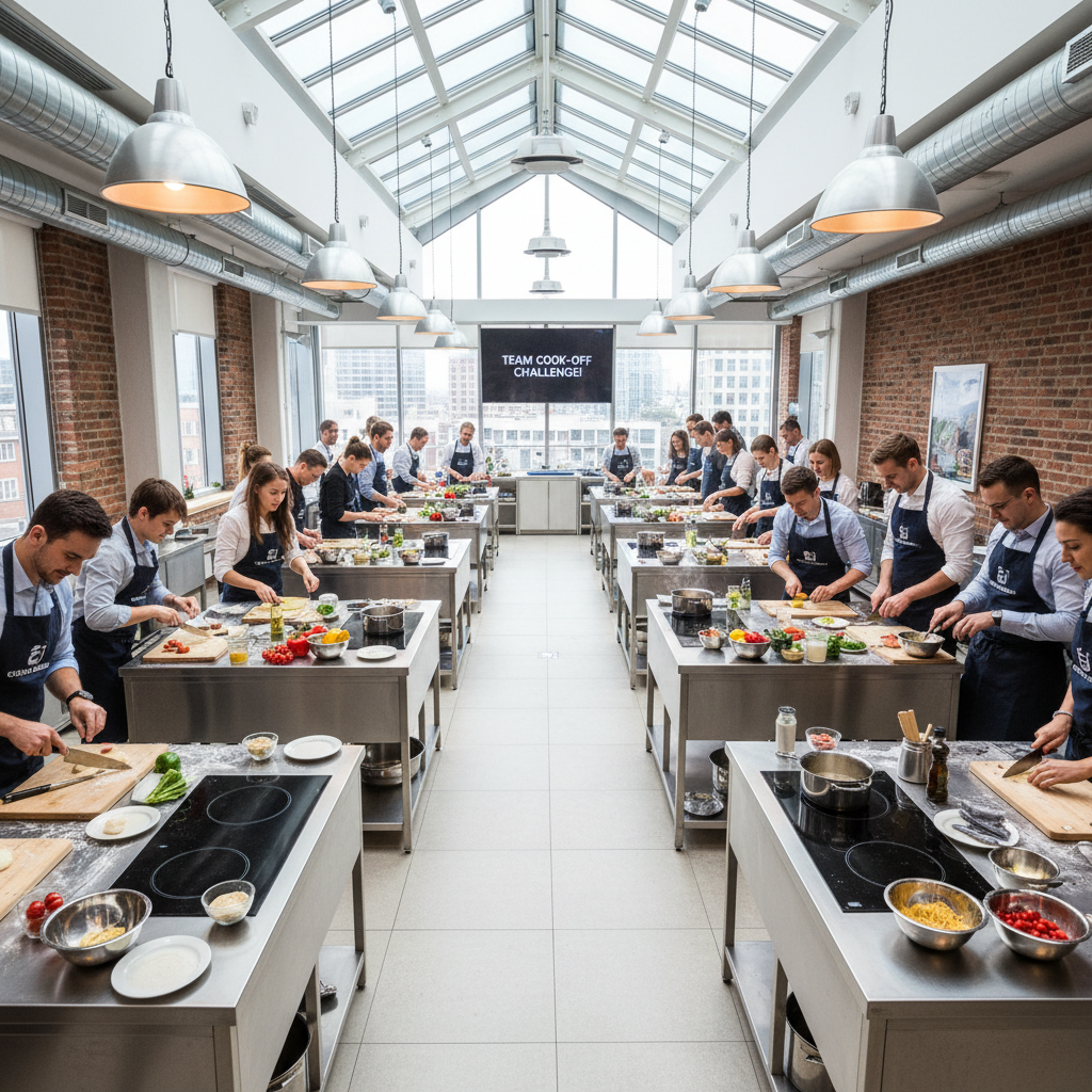 Corporate team cooking event with multiple participants working at kitchen stations