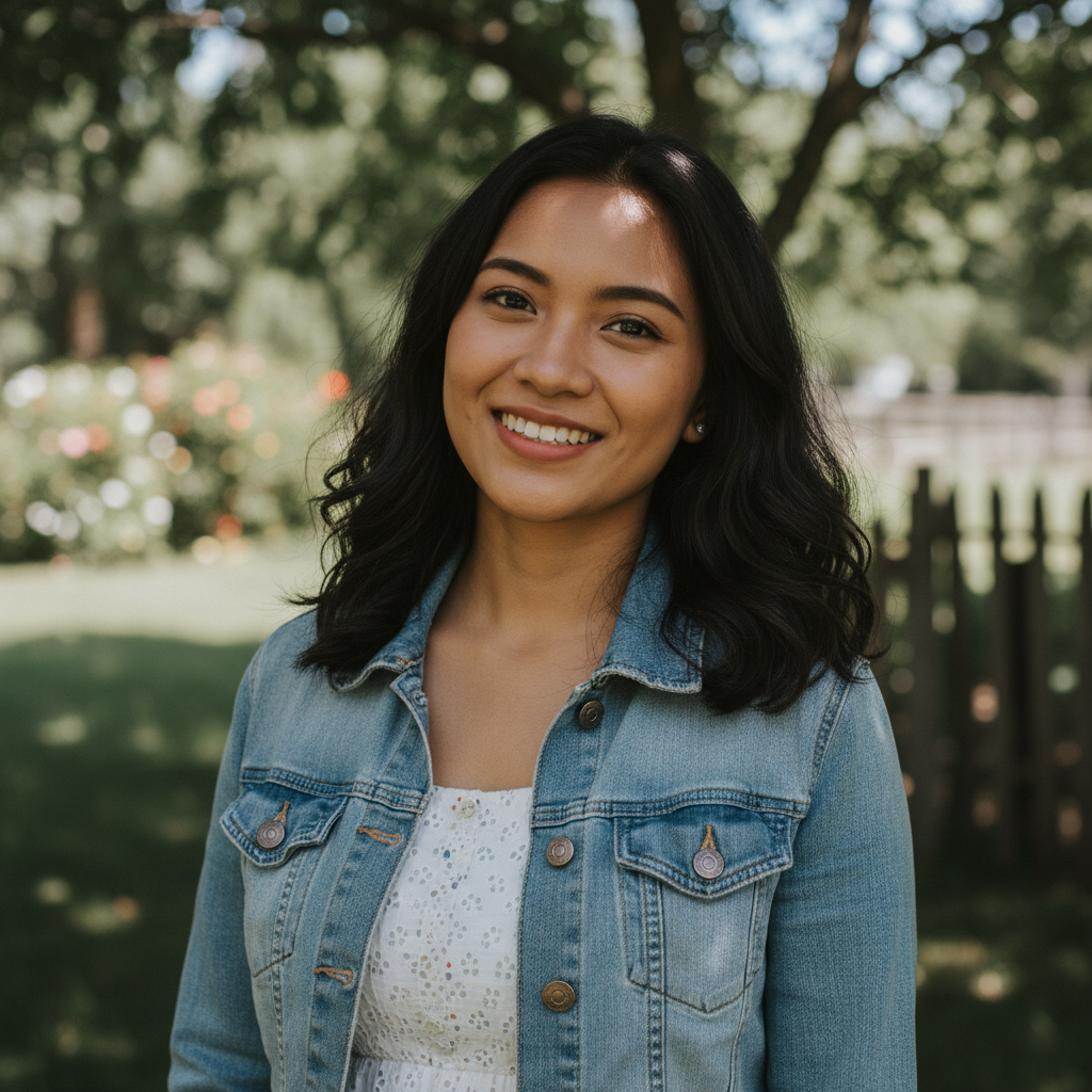 Filipina woman smiling warmly, casual clothing, bright indoor setting