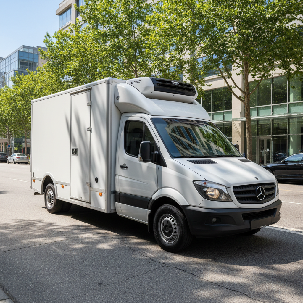 White sprinter delivery van in urban setting, city street, modern and clean