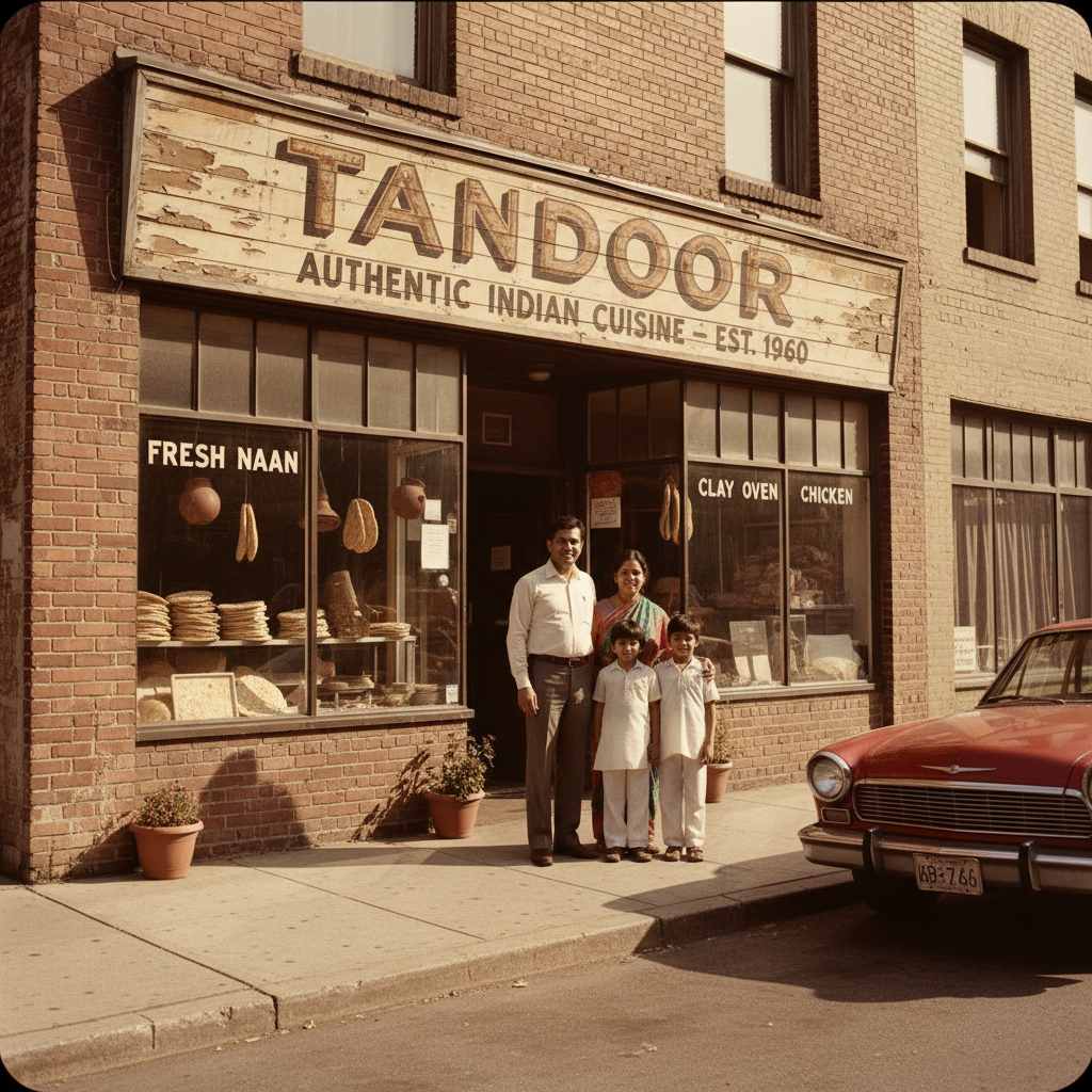 Black and white photograph of the original Tandoor shop front in 1987 with the family standing outside