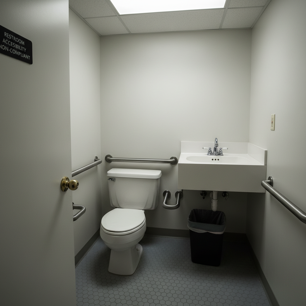 Commercial office restroom with insufficient turning radius, non-compliant fixture heights, and round door knobs