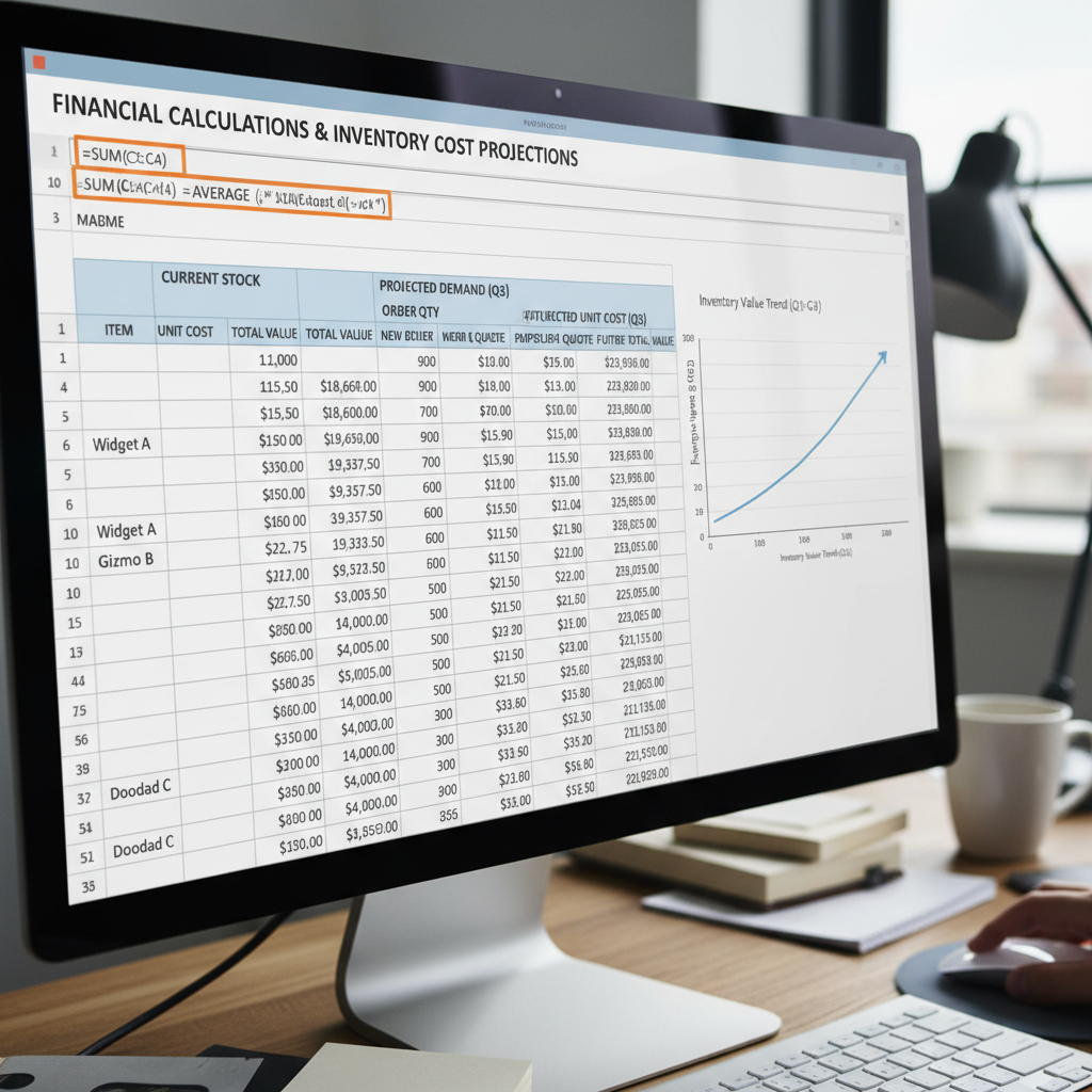 Spreadsheet with financial calculations and inventory cost projections on screen