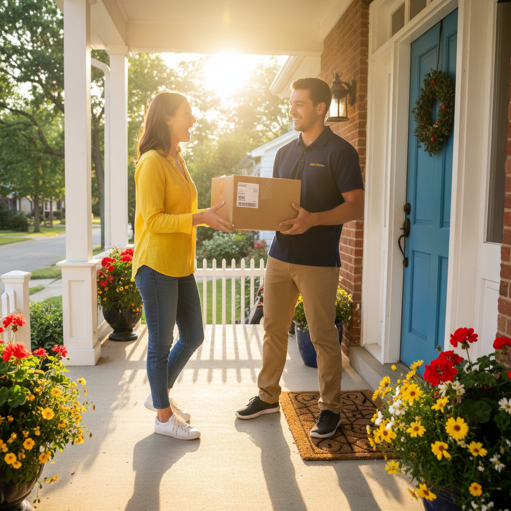 Delivery driver handing over package at bright residential doorstep in sunny suburban setting