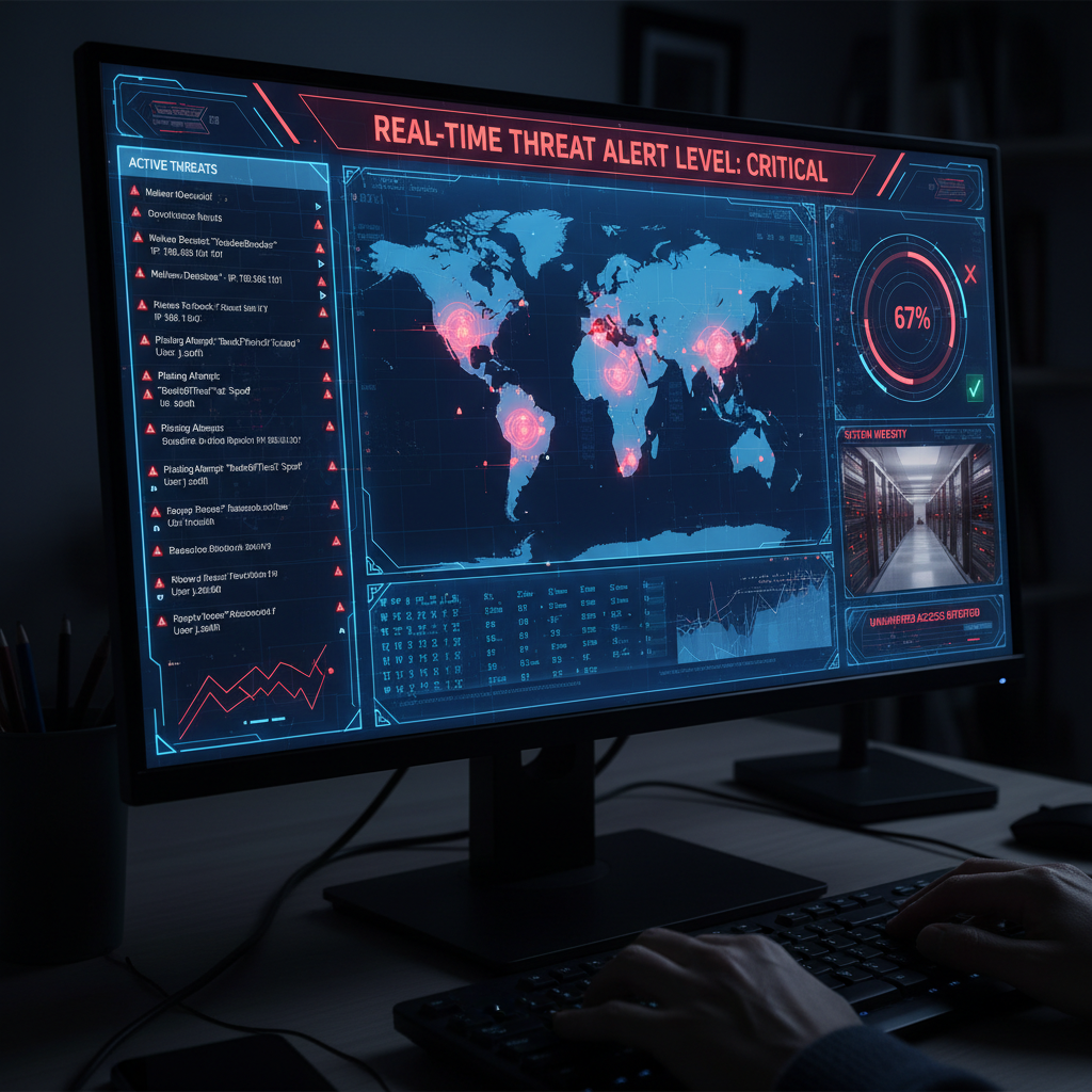 Close-up of hands typing on a keyboard with security dashboard visible on monitor in well-lit office