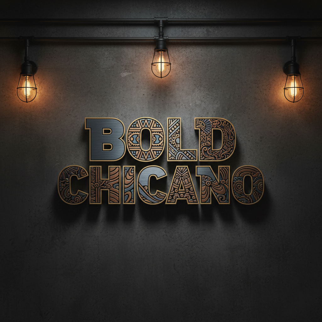 Bold Chicano block lettering with ornate shadows on dark textured surface, low-key industrial lighting