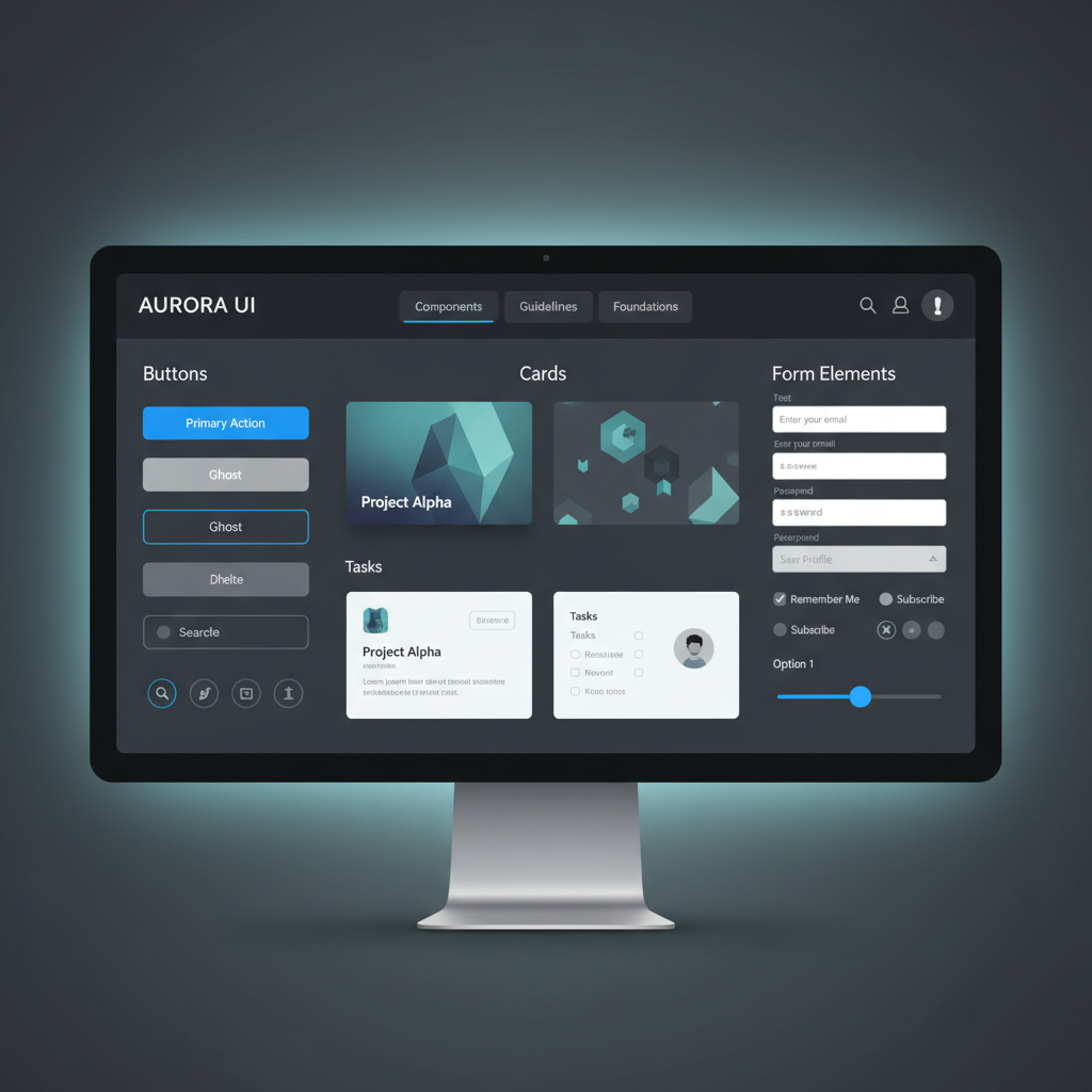 Clean UI component design system displayed on laptop screen with buttons, cards, and form elements