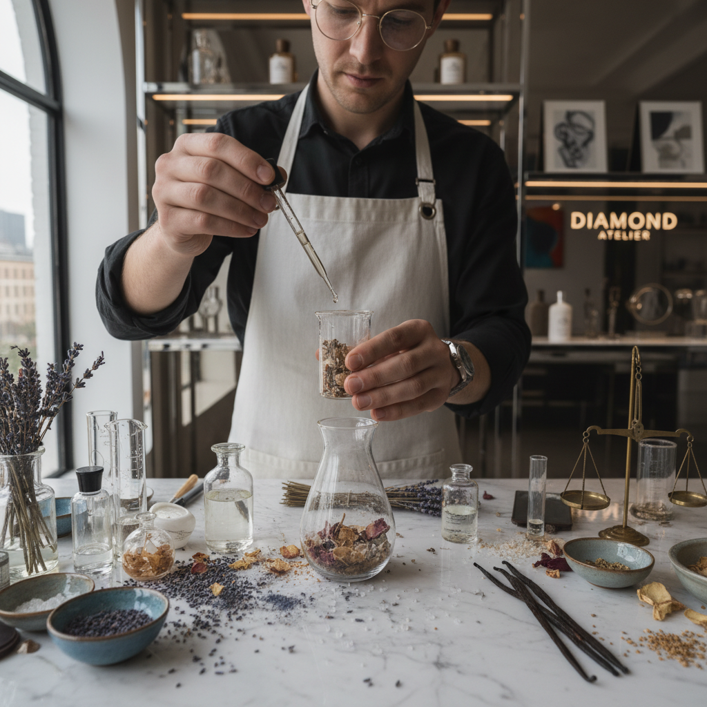 Perfumer's hands carefully measuring fragrance ingredients in glass vials, warm studio light
